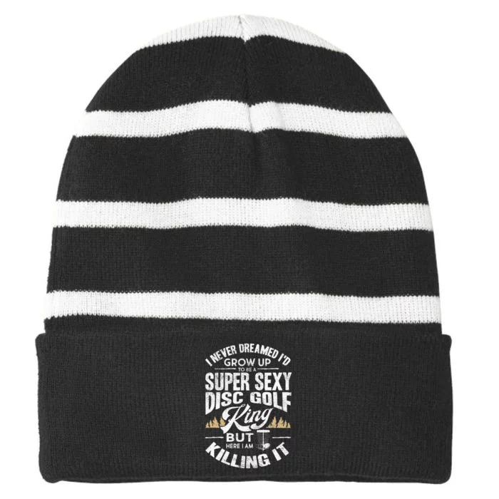 Funny Disc Golf Dad Fathers Day Disc Golfing Striped Beanie with Solid Band