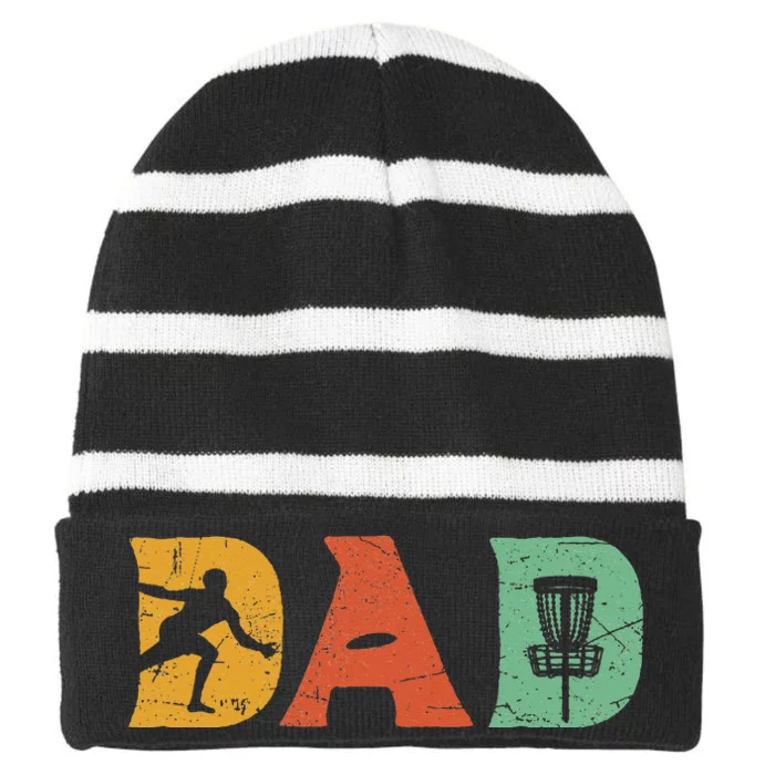 Funny Disc Golf Dad Retro Fathers Day Striped Beanie with Solid Band