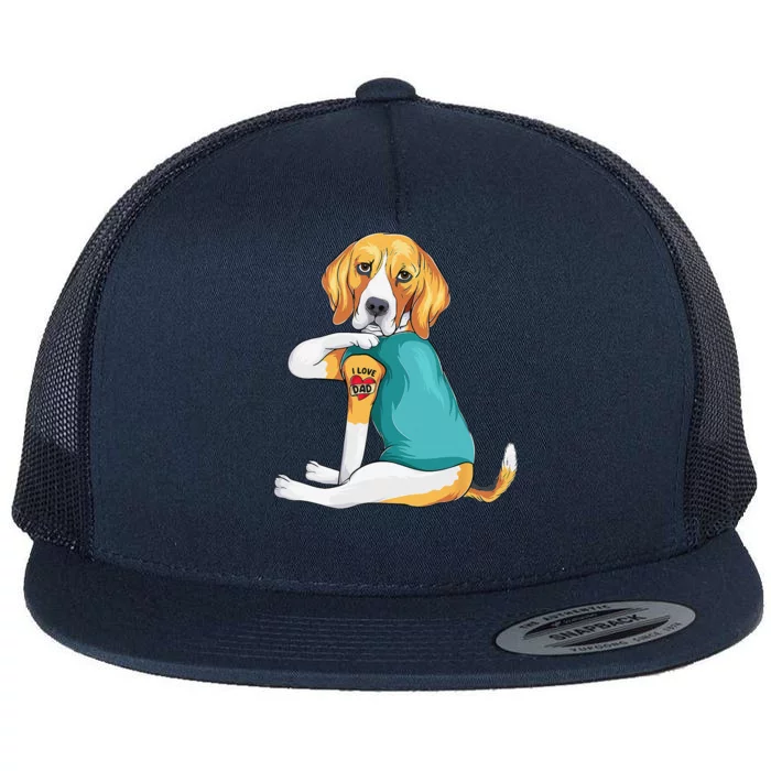 Fathers Day Gift Funny Dog Dad Beagle I Love Dad Tattoo Flat Bill Trucker Hat