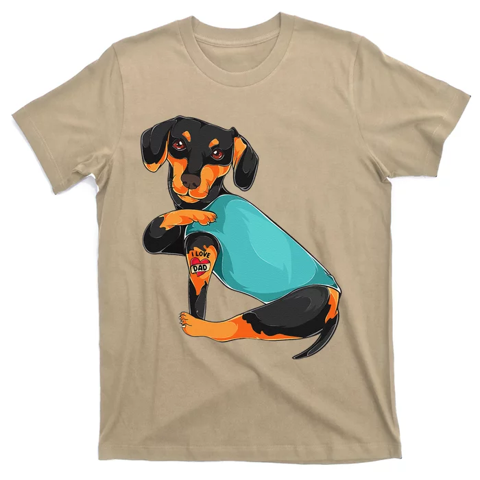 Fathers Day Gift Funny Dog Dad Dachshund I Love Dad Tattoo T-Shirt