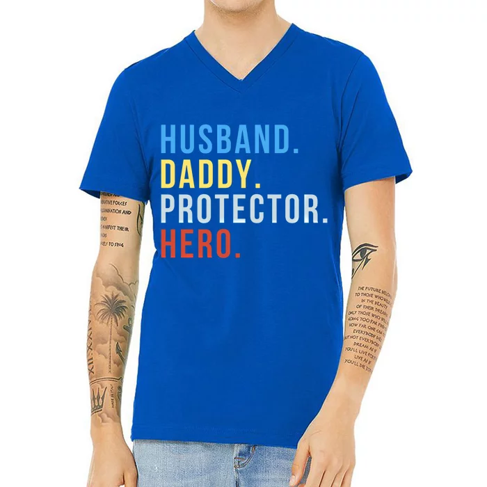 Fathers Day Gift Husband Daddy Protector Hero Gift V-Neck T-Shirt