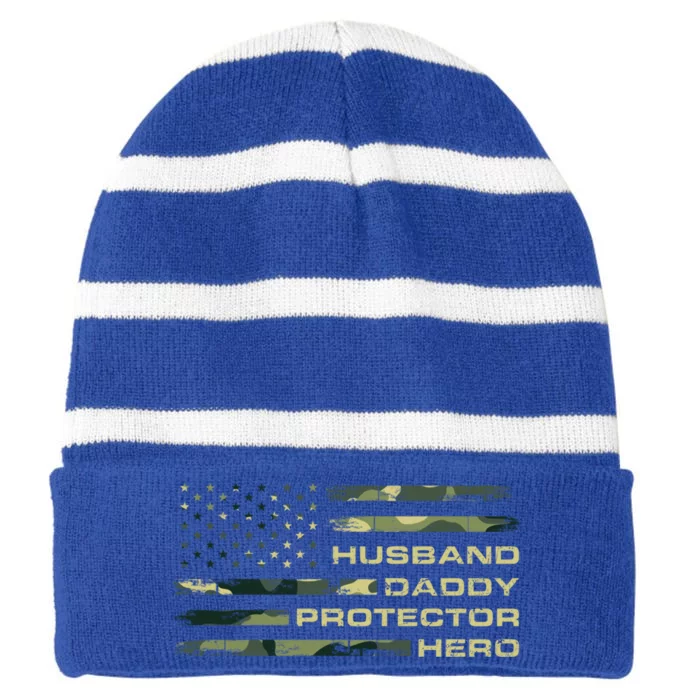 Fathers Day Greatest Best Dad Husband Daddy Protector Hero Funny Gift Striped Beanie with Solid Band