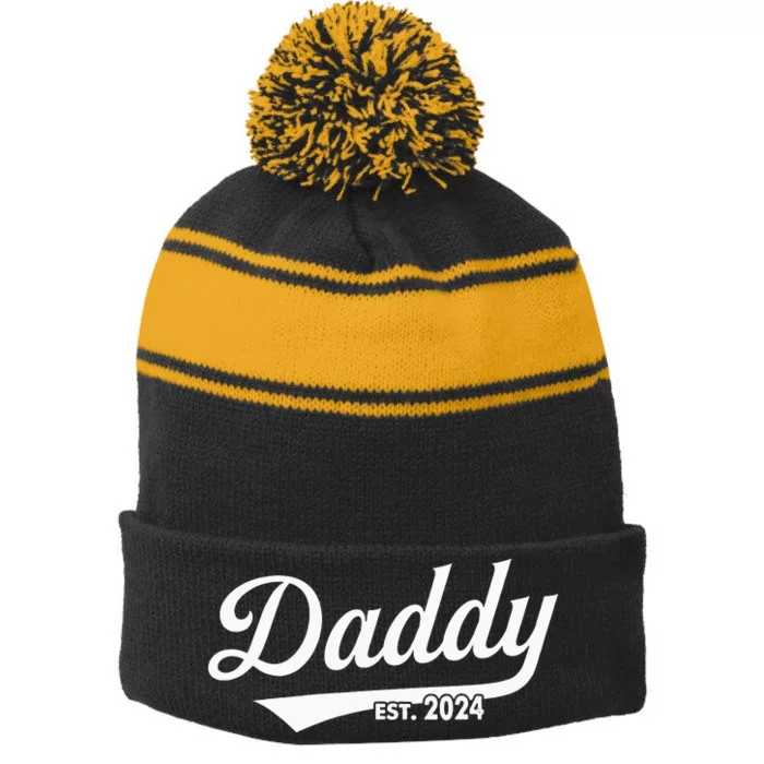 Fathers Day Gift Daddy Est. 2024 Expect Wife Daughter Stripe Pom Pom Beanie