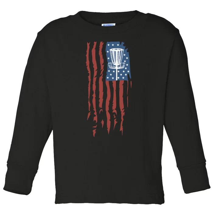 Funny Disc Golf American Flag Disc Frisbee Golf Toddler Long Sleeve Shirt