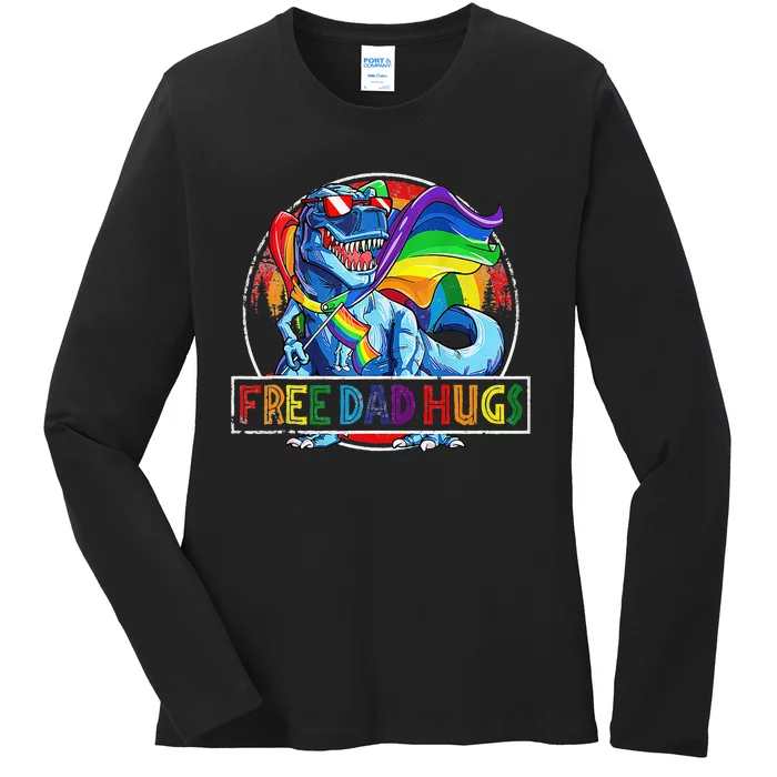 Free Dad Hugs Dinosaur Rex Daddy LGBT Pride Rainbow Ladies Long Sleeve Shirt