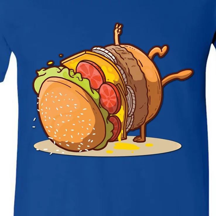 Funny Dancing Hamburger Gift V-Neck T-Shirt