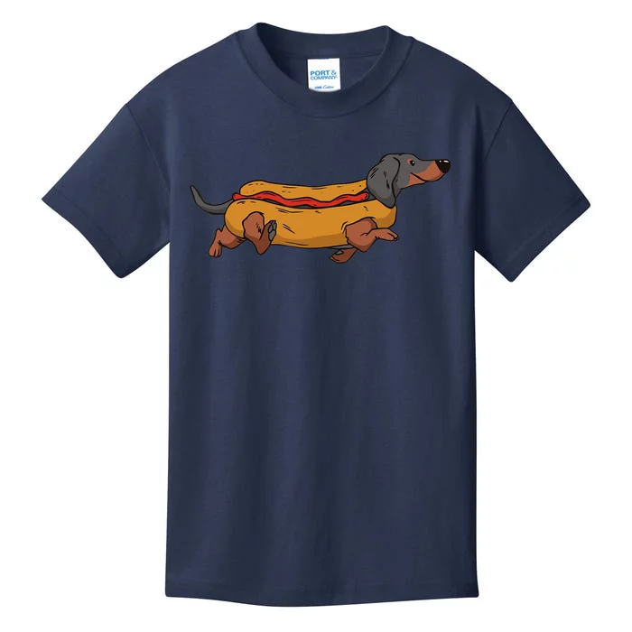 Funny Dachshund In Bun Weiner Hot Dog Cute Foodie Pun Kids T-Shirt