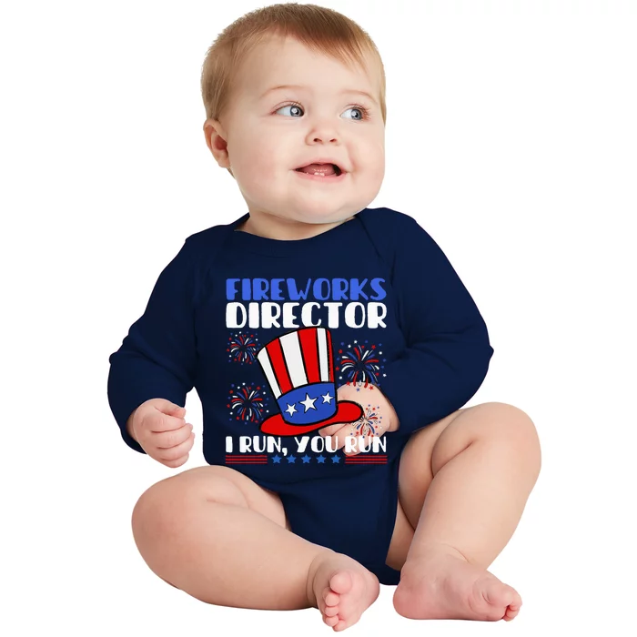 Fireworks Director I Run You Run Flag Funny 4th Of July Baby Long Sleeve Bodysuit