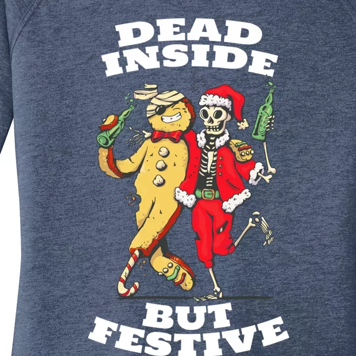 Funny Dead Inside But Festive Christmas Skeleton Santa Hat Gift Women's Perfect Tri Tunic Long Sleeve Shirt