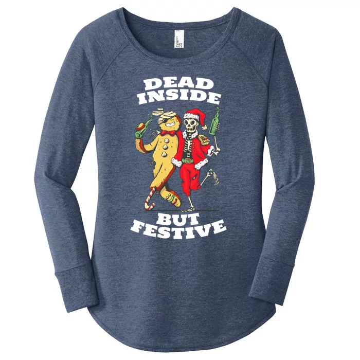 Funny Dead Inside But Festive Christmas Skeleton Santa Hat Gift Women's Perfect Tri Tunic Long Sleeve Shirt