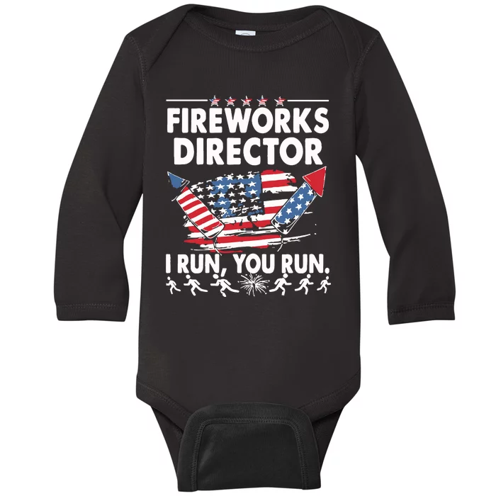 Fireworks Director If I Run Funny 4th Of July Baby Long Sleeve Bodysuit