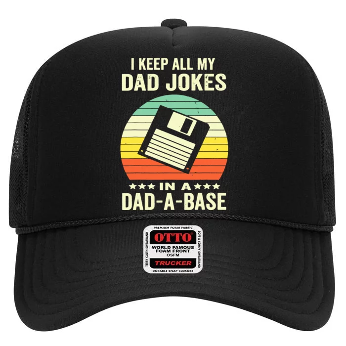 Funny Dad Jokes In Dadabase Vintage For Fathers Day High Crown Mesh Trucker Hat