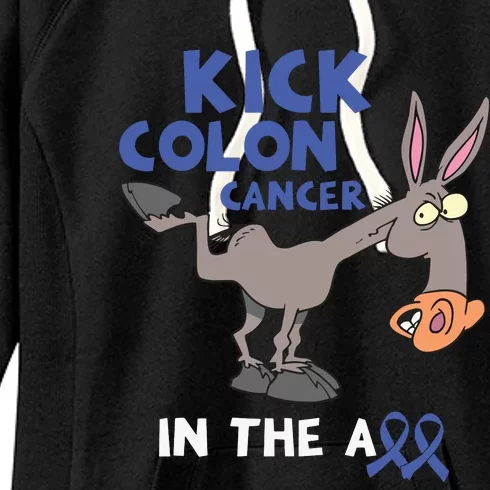 Funny Donkey Kick Colon Cancer In The Ass Blue Ribbon Women's Fleece Hoodie