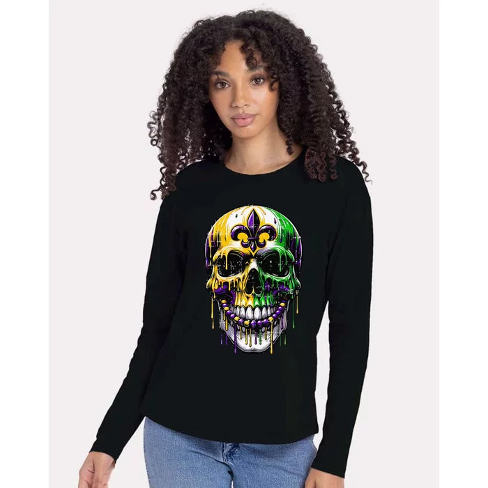 Fleur De Lis Mardi Gras Skull Womens Cotton Relaxed Long Sleeve T-Shirt