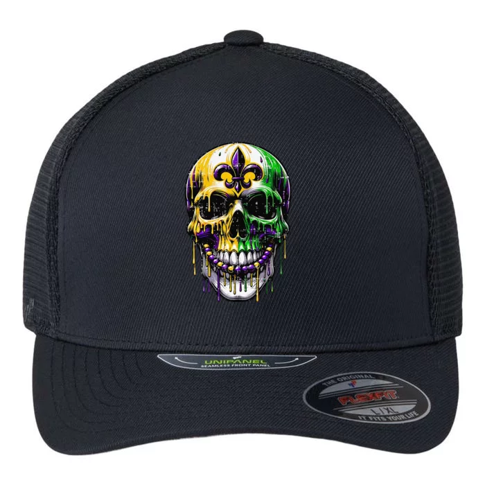 Fleur De Lis Mardi Gras Skull Flexfit Unipanel Trucker Cap