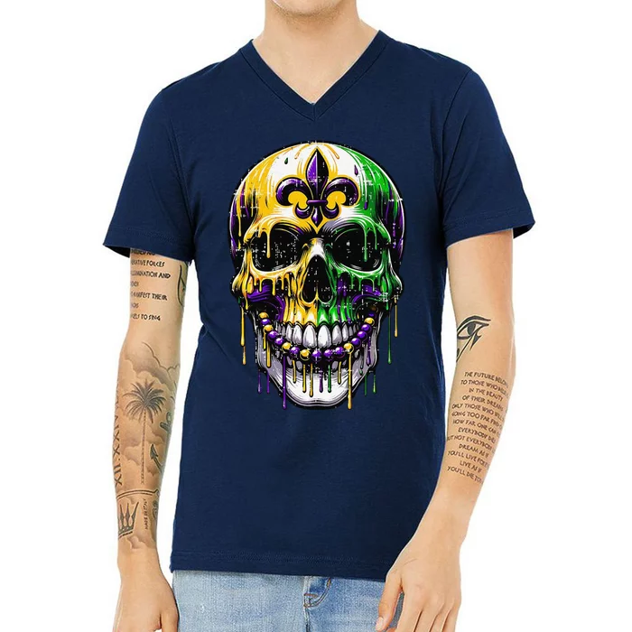 Fleur De Lis Mardi Gras Skull V-Neck T-Shirt