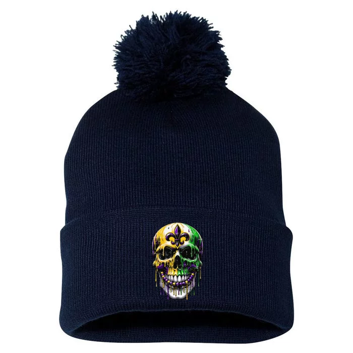 Fleur De Lis Mardi Gras Skull Pom Pom 12in Knit Beanie