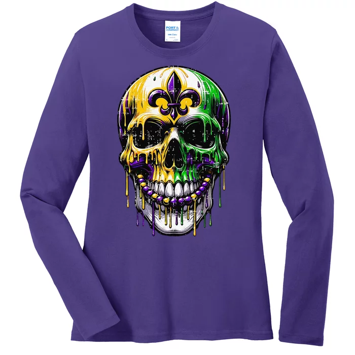 Fleur De Lis Mardi Gras Skull Ladies Long Sleeve Shirt