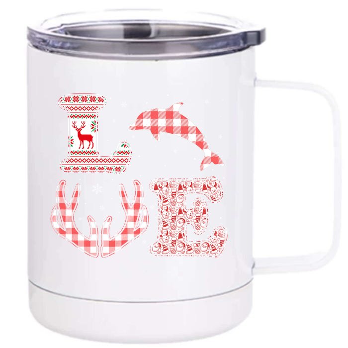 Funny Dolphin Lovers Xmas Red Plaid Reindeer Ugly Christmas Gift Front & Back 12oz Stainless Steel Tumbler Cup