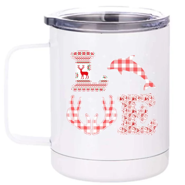 Funny Dolphin Lovers Xmas Red Plaid Reindeer Ugly Christmas Gift Front & Back 12oz Stainless Steel Tumbler Cup