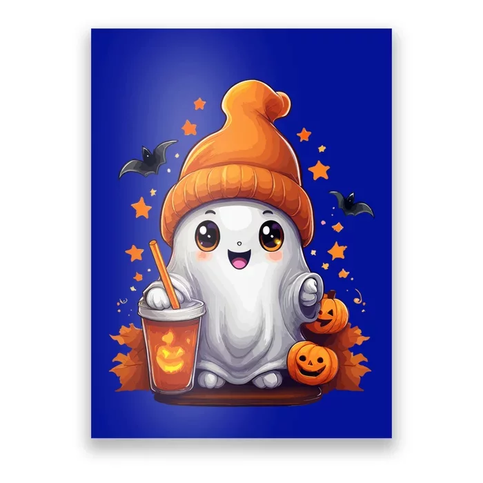 Funny Design Little Ghost Ing Coffee With Scary Pumpkin Cute Gift Poster