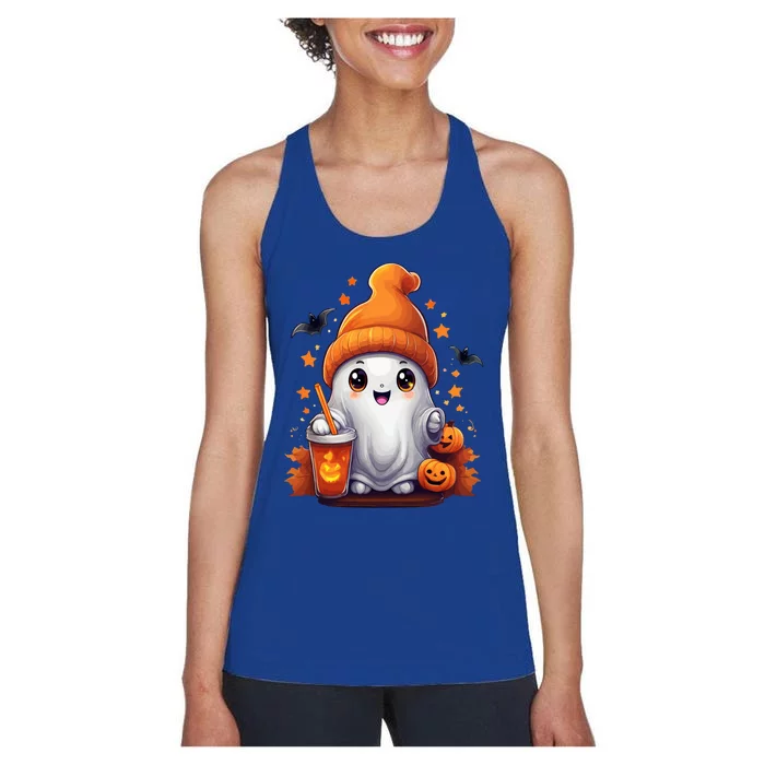 Funny Design Little Ghost Ing Coffee With Scary Pumpkin Cute Gift Women's Racerback Tank