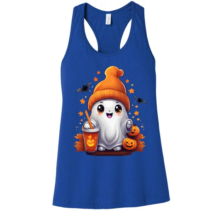 Funny Design Little Ghost Ing Coffee With Scary Pumpkin Cute Gift Women's Racerback Tank