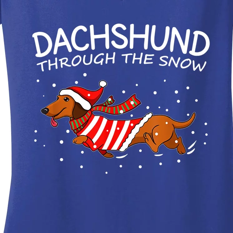 Funny Dog Lover Christmas Through The Snow Dachshund Xmas Gift Women's V-Neck T-Shirt