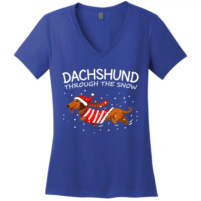 Funny Dog Lover Christmas Through The Snow Dachshund Xmas Gift Women's V-Neck T-Shirt