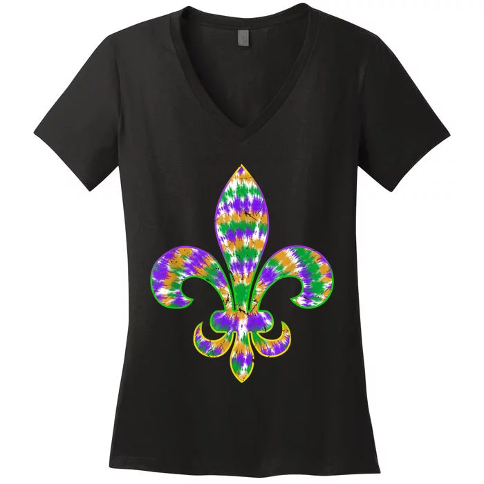 Fleur De Lis Mardi Gras Carnival Symbol New Orlean Tie Dye Women's V-Neck T-Shirt