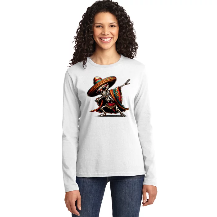 Funny Dabbing Mexican Skeleton Poncho Cinco De Mayo Ladies Long Sleeve Shirt