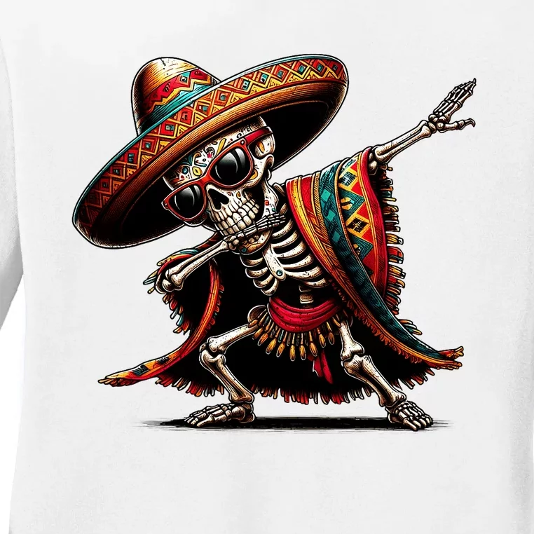 Funny Dabbing Mexican Skeleton Poncho Cinco De Mayo Ladies Long Sleeve Shirt