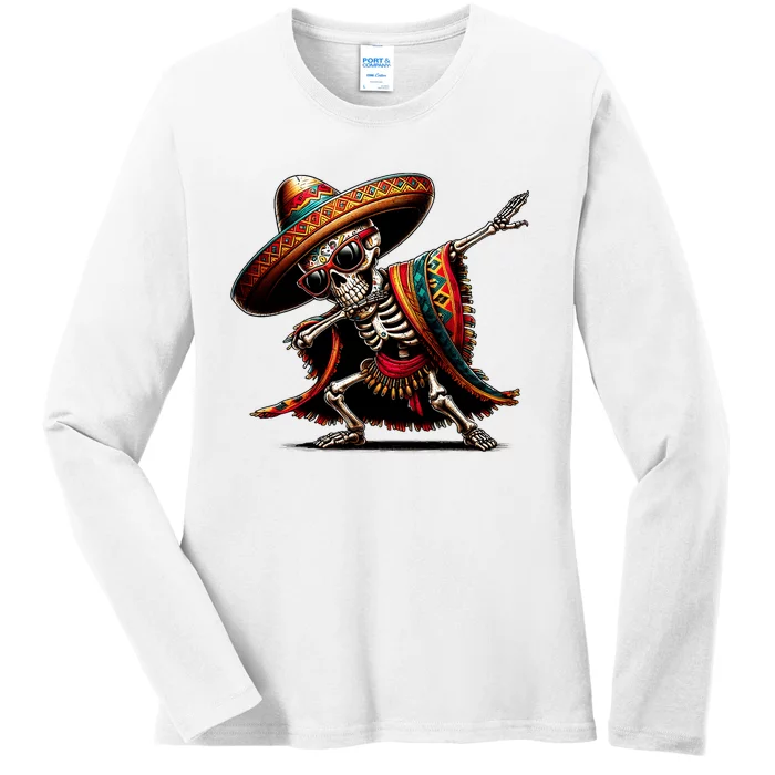 Funny Dabbing Mexican Skeleton Poncho Cinco De Mayo Ladies Long Sleeve Shirt