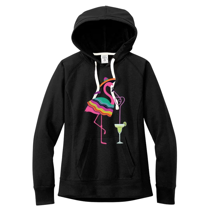 Flamingo Drinking Margarita Mexican Poncho Cinco De Mayo Women's Fleece Hoodie