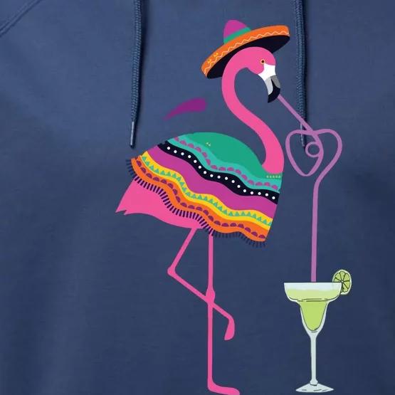 Flamingo Drinking Margarita Mexican Poncho Cinco De Mayo Performance Fleece Hoodie