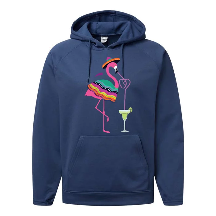 Flamingo Drinking Margarita Mexican Poncho Cinco De Mayo Performance Fleece Hoodie