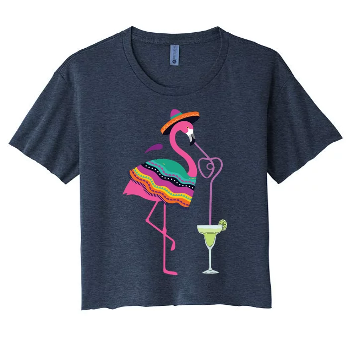 Flamingo Drinking Margarita Mexican Poncho Cinco De Mayo Women's Crop Top Tee