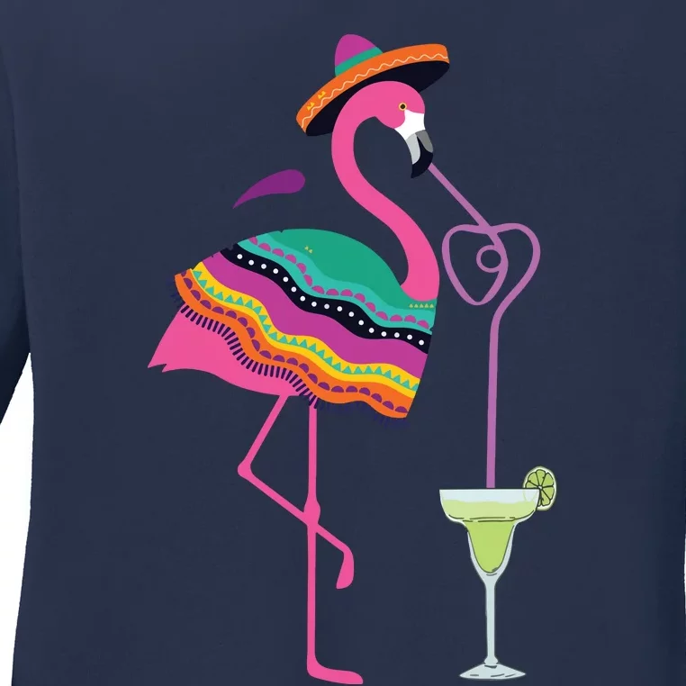 Flamingo Drinking Margarita Mexican Poncho Cinco De Mayo Ladies Long Sleeve Shirt