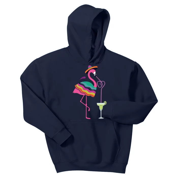 Flamingo Drinking Margarita Mexican Poncho Cinco De Mayo Kids Hoodie