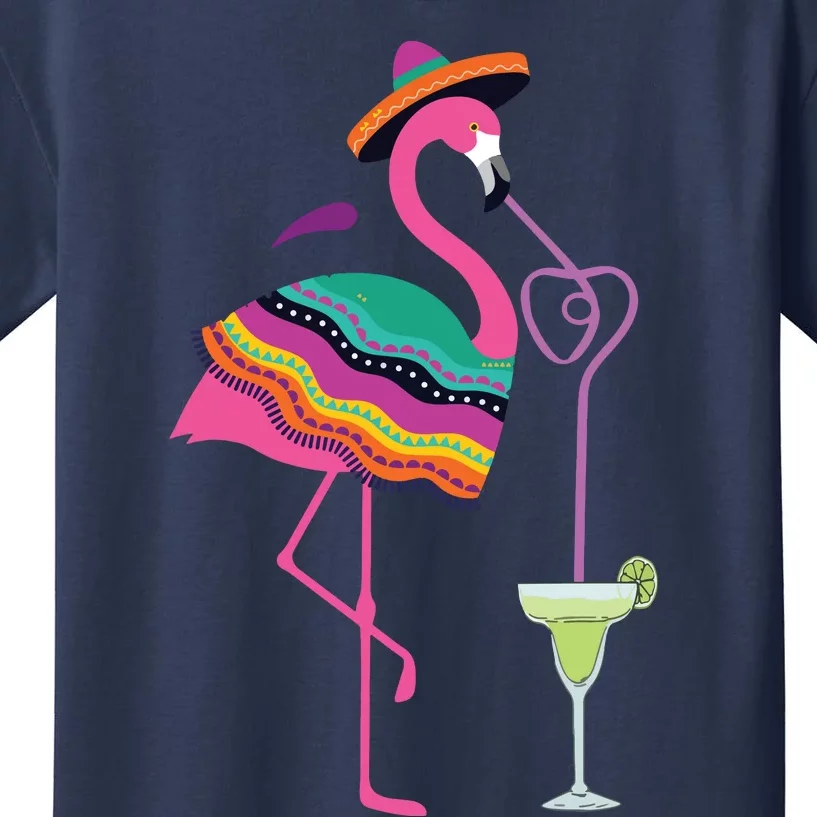 Flamingo Drinking Margarita Mexican Poncho Cinco De Mayo Kids T-Shirt