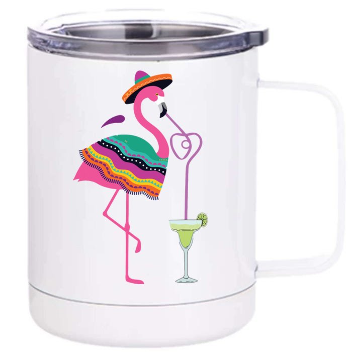 Flamingo Drinking Margarita Mexican Poncho Cinco De Mayo Front & Back 12oz Stainless Steel Tumbler Cup