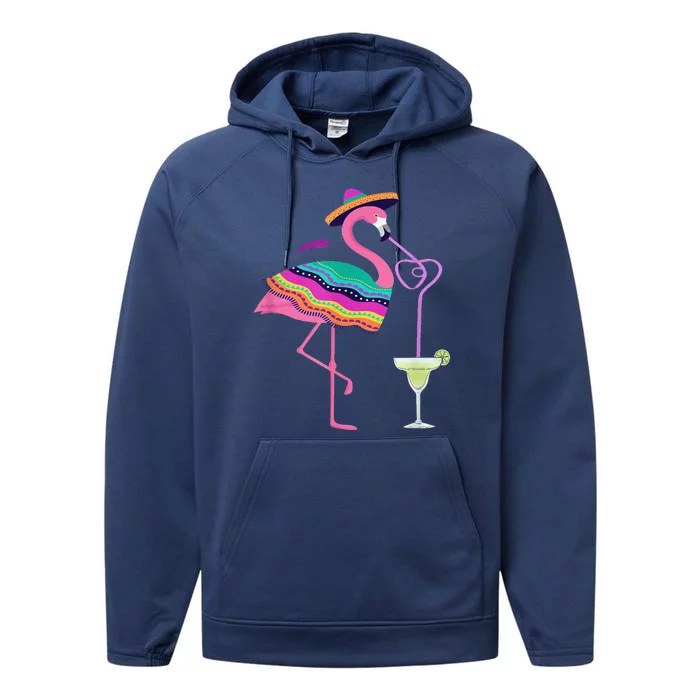 Flamingo Drinking Margarita Mexican Poncho Cinco De Mayo Performance Fleece Hoodie