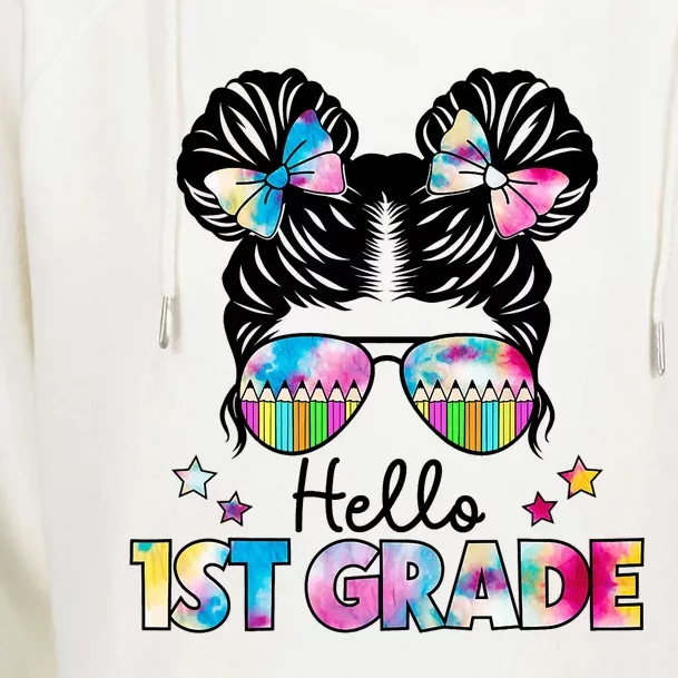 First Day Of School Hello First Grade Shirts Girl Messy Bun Womens Funnel Neck Pullover Hood