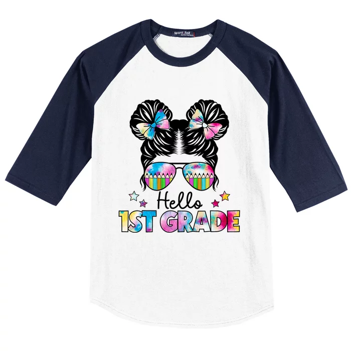 First Day Of School Hello First Grade Shirts Girl Messy Bun Baseball Sleeve Shirt