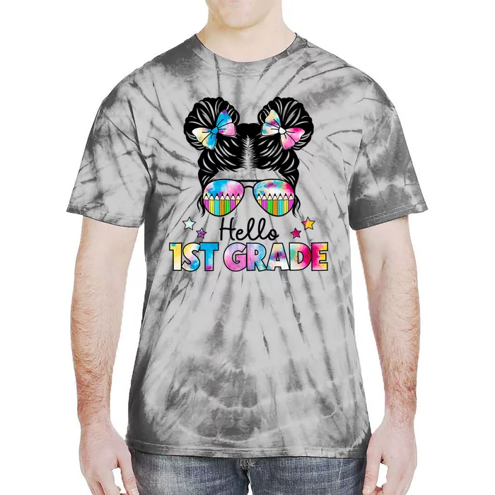 First Day Of School Hello First Grade Shirts Girl Messy Bun Tie-Dye T-Shirt