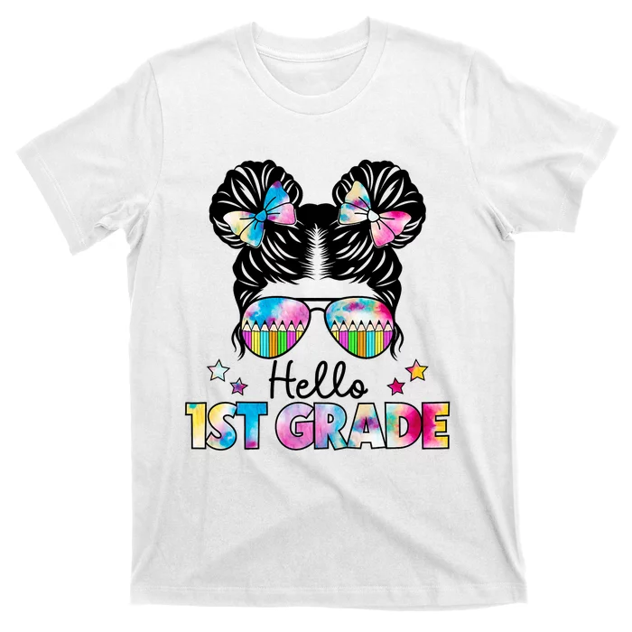 First Day Of School Hello First Grade Shirts Girl Messy Bun T-Shirt