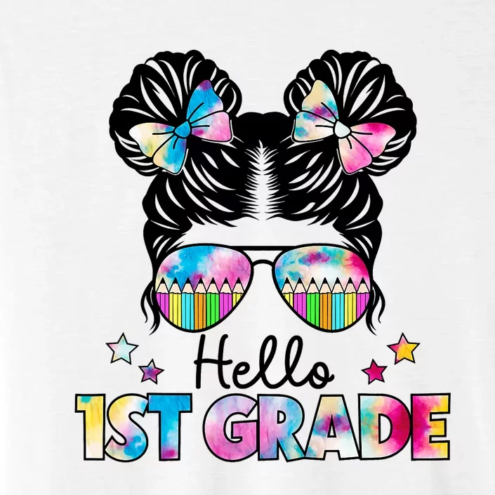 First Day Of School Hello First Grade Shirts Girl Messy Bun ChromaSoft Performance T-Shirt