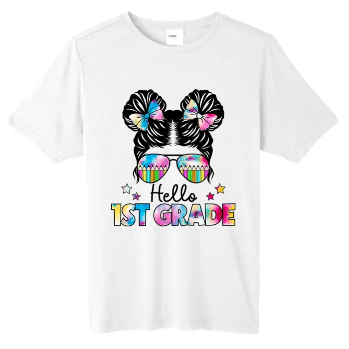 First Day Of School Hello First Grade Shirts Girl Messy Bun ChromaSoft Performance T-Shirt