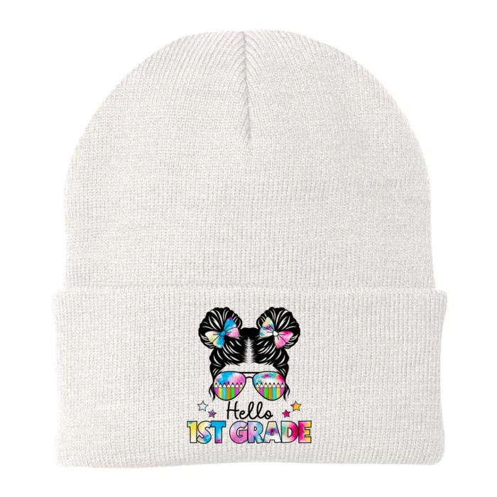 First Day Of School Hello First Grade Shirts Girl Messy Bun Knit Cap Winter Beanie