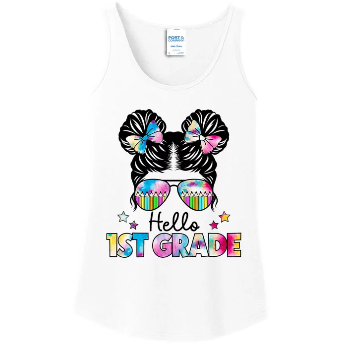 First Day Of School Hello First Grade Shirts Girl Messy Bun Ladies Essential Tank